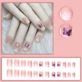 Pink and white gradient press-on nails with purple butterfly accents, set of 24 pieces - W737 Style (With Glue) / 24 Pcs/Set