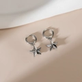 Polished silver stainless steel star pendant hoop earrings on a neutral background - Steel Color - Star Shape