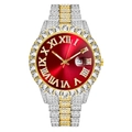 Macro detail of luxury red dial watch with roman numerals and diamond-set bicolor strap - Two-Tone / Red