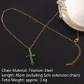 Titanium steel cross necklace in gold finish with emerald green zirconia pendant - Cross No.45 Gold (A1223)
