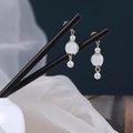 Elegant white jade flower earrings with pearls and gold accents in Neo-Chinese style - White Bud Pearl (Wooden Stick-1 Pc)