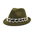 Olive green wool fedora hat with black pearl-embellished band shown at a 45-degree angle - M (56-58cm) / Army Green