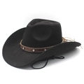 Black western cowboy felt hat with studded brown band and adjustable windproof rope - M (56-58cm) / Black
