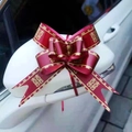 Red wedding car bow decoration with gold Xi characters tied to side mirror - Trending Happiness Wine Red