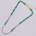 Handmade necklace featuring green malachite pillar beads and gold spacers on grey base - Malachite Green and Purple Beaded Style (B-N24041701A)