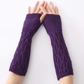 Detail of purple cable-knit fingerless gloves showing thick warm texture and arm sleeve length - Purple