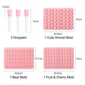 Pink silicone animal and fruit gummy molds set with droppers and size dimensions - Bear + Fruit + Rabbit [Set]