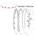 Rose red floral and silver rhinestone double-layer headband set for bridal wedding - 4-Piece Set Rose Red