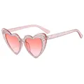 Pink heart-shaped sunglasses with sparkling rhinestones and gradient lenses - Fluorescent Light Pink Glitter Frame Double Red Lens