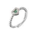 Macro detail of silver adjustable ring with heart emerald stone and pave zircon halo - Adjustable Open / Platinum Green Zirconia