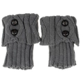 Close-up of gray knit leg warmers with diamond pattern and black decorative buttons - One Size / Light Gray