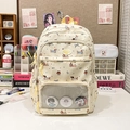 Cute beige school backpack with dog illustrations and transparent badge pocket - Bag + Insert Board / Light Yellow