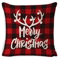 Christmas buffalo plaid pillowcase with white reindeer antlers and Merry Christmas text - A-23