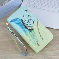 Blue feather gradient long zipper wallet with wrist strap and poetic typography - Feather & Bird Print / Green (Feather & Bird)