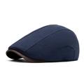 Navy blue cotton linen newsboy cap with brown leather brim for a vintage look - Navy Blue