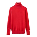 Detailed view of red slim fit turtleneck sweater featuring gold buttons on sleeve cuffs - S / Red