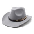 Detail of light gray felt cowboy hat featuring a braided brown leather band and metal buckle - M (56-58cm) / Gray