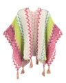 Ethnic style woven shawl with blue, yellow, and white wave patterns and tassel fringe - Cardigans / Pink and Green