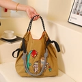 Mustard yellow canvas shopping bag with cute cartoon embroidery and braided handles - Khaki Rabbit and Bear (Without Strap)