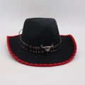 Black western cowboy hat with red stitched brim and tribal band with bull skull - One Size / Black Red Edge