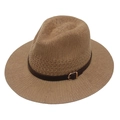 Khaki geflochtener Fedora Strohhut mit dunkelbraunem Lederband und goldener Schnalle - Khaki