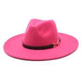 Close-up of hot pink wide-brim fedora with black leather band and gold metal buckle - Adult 56-59cm / Rose Red