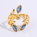 Golden titanium steel leaf ring with blue gemstones and adjustable open band - Floral Blue Stone Style (JZ26-6)