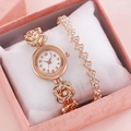 Close-up of rose gold watch and heart bracelet set with rhinestones in a gift box - 2303 Rose Gold Watch + Bracelet + Box