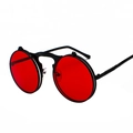 Retro steampunk round sunglasses with black metal frame and double-layer red flip-up lenses - Black Frame Ocean Red Lenses (C11)