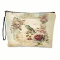 Neceser vintage con estampado de aves y flores, correa de muñeca y cremallera negra - Patrón de Pájaro Cian y Rosa Rosa Con Correa de Muñeca (xy-018-02) / 17x25cm