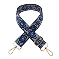 Ethnic wide bag strap with blue floral embroidery and gold metal hardware on white background - Black Background - Blue Flower