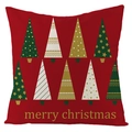 Detailed texture of red linen Christmas pillowcase with tree pattern and gold Merry Christmas text - Red Christmas Tree Forest