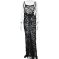 Robe longue en dentelle noire avec maille florale et détail de traîne dos nu sexy - S / Noir