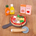Wooden play pizza set with sliceable toppings, tray, cutter and drink containers - Danish Noble Pizza