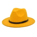 Detail of yellow wool fedora hat featuring a black leather band with gold metal studs - M (56-58cm) / Yellow
