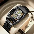 Men's tonneau skeleton mechanical watch with black steel strap and gold gear movement - Black Steel (Steel Strap)