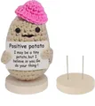 Handmade crochet positive potato doll with pink heart hat and stable wooden base - Female Potato 3 With Red Hat And Base