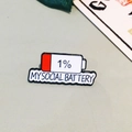 Enamel battery social pin featuring a 1% low charge level and metal sliding design - Low Battery White