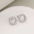 Minimalist silver stainless steel stud earrings with shimmering round crystal halo - Stud Earrings / Steel + White Stone