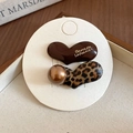Set of two heart hair clips in dark brown and leopard print with glossy resin finish - French Elegant Heart Leopard Hair Clip Set