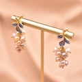 Grape-shaped earrings with blue enamel leaves and clusters of pink and white pearls - Grape Cluster Ear Hooks