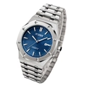 Detailed macro view of the silver stainless steel watch with blue checkered dial texture - Silver & Blue