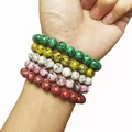 Adjustable braided bracelet set featuring five natural tiger eye colorful stone beads - 5-Piece Spotted Stone Set (Green/Yellow/White/Pink/Red)