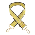 Close-up of adjustable yellow striped bag strap with gold metal hooks and hardware - Bright Yellow