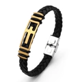 Braided black leather bracelet with golden maple leaf metal charm and silver buckle - Cross