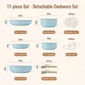 11-piece light blue detachable handle non-stick cookware set with sizes and dimensions - 11-Piece Set (Sky Blue)