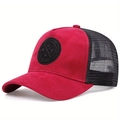 Detailed shot of red faux suede baseball cap with mesh back and circular logo patch - Red