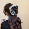 French style oversized floral scrunchie with white lace edges on dark hair - Black Floral Scrunchie