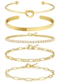5-piece gold layered bracelet set featuring knot cuff, tennis chain, and paperclip styles - Gold Set - Dual Bangles And Tennis/Figaro/Paperclip