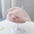 Pink knitted baby beret with a decorative crochet flower and a small top loop detail - Flower Knit Beret / Pink